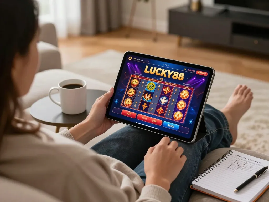 Engaging in LUCKY88 gameplay on a tablet in a cozy living room setting