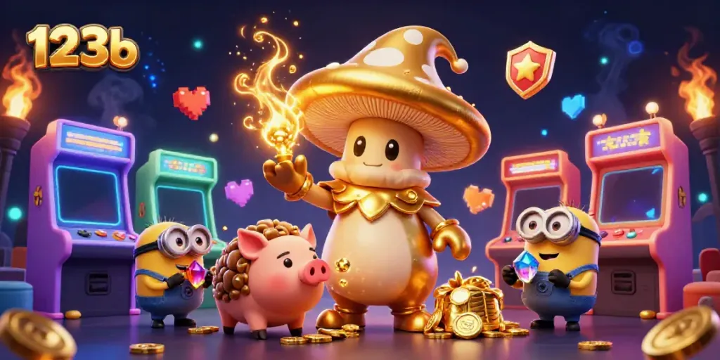 Engage in thrilling gameplay with 123b's magical world featuring a golden mushroom wizard and treasure.