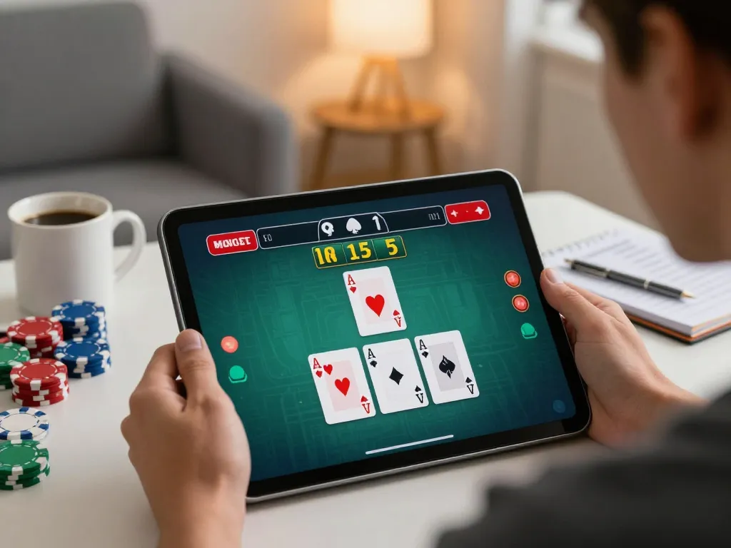 Player engaged in online blackjack game on https://s666no1.com/, showcasing intense split decision moment with home decor elements.