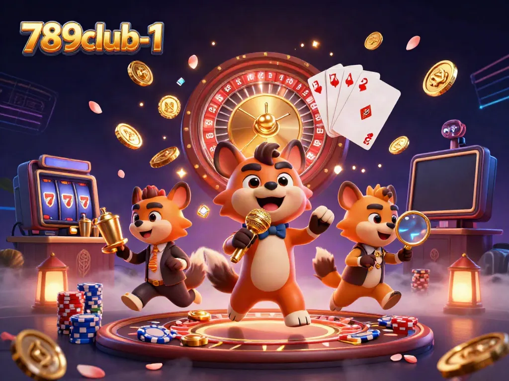 Engage with 789club-1 in a lively casino scene featuring cartoon hyenas as a comedian, bartender, and bouncer surrounded by dynamic gaming elements.