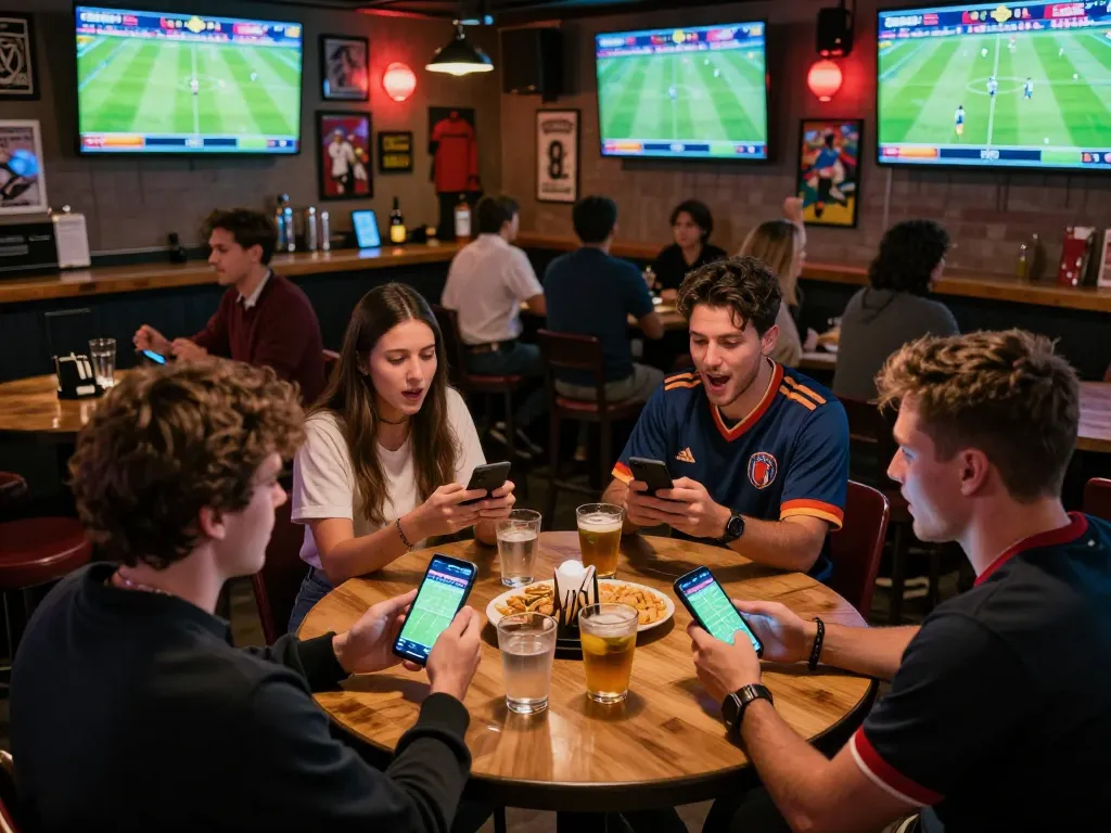 Engaged sports fans using betting apps for kèo nhà cái during live games at a bar.