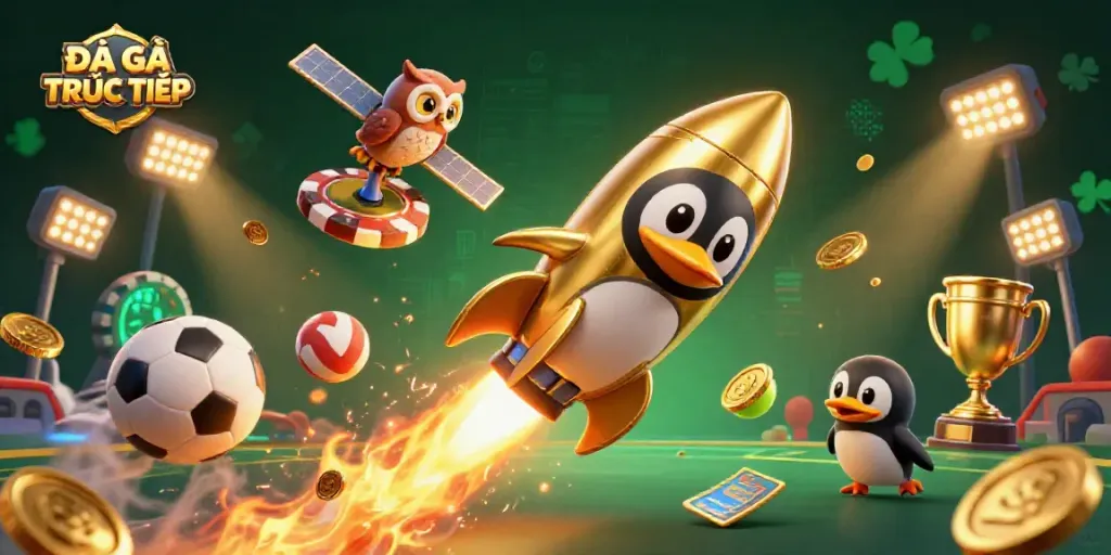 Experience thrilling ĐÁ GÀ TRỰC TIẾP action with dynamic characters and gambling elements in a vibrant scene.