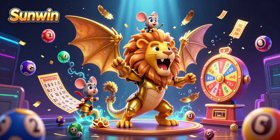 Experience thrilling wins with Sunwin, featuring a vibrant 3D chimera in a casino-themed scene.