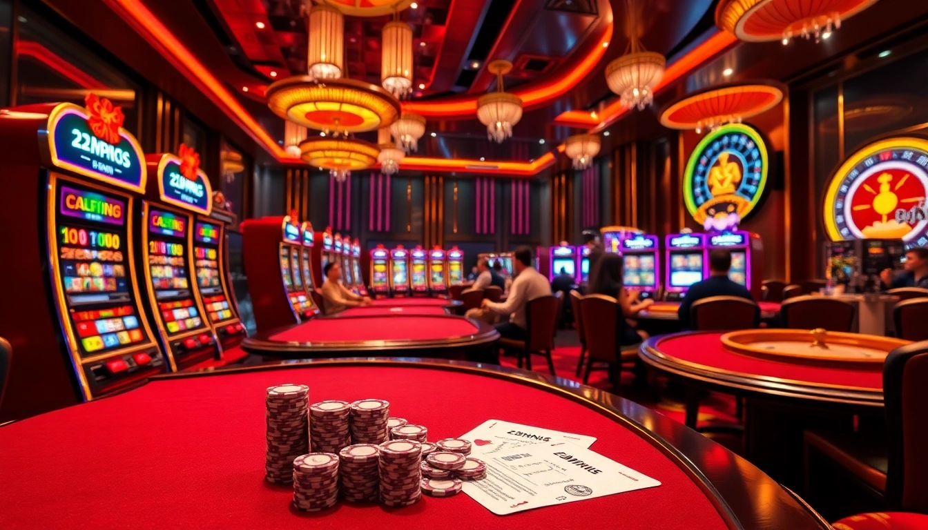 Nổ Hũ Đổi Thưởng gameplay with vibrant slot machines and engaged players in a luxurious casino.