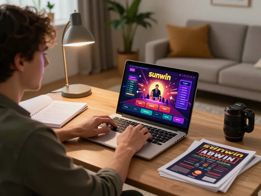 Player engaging with Sunwin casino app on a laptop at home, highlighting online gaming atmosphere.