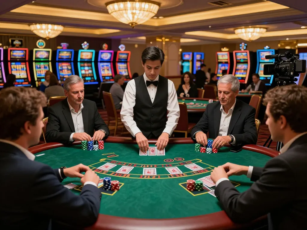 Người chơi lập kế hoạch tại bàn blackjack của LUCK8 với những chip sáng màu và nhà cái hấp dẫn, tạo trải nghiệm sòng bạc hấp dẫn