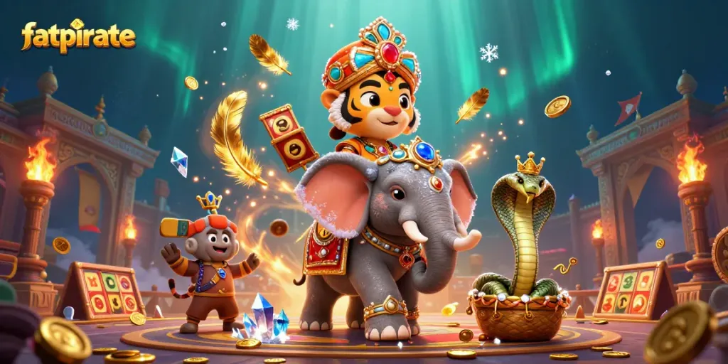 Experience the thrill of fatpirate gaming with a colorful casino scene featuring a majestic tiger riding an elephant amid slot reels and gold coins.