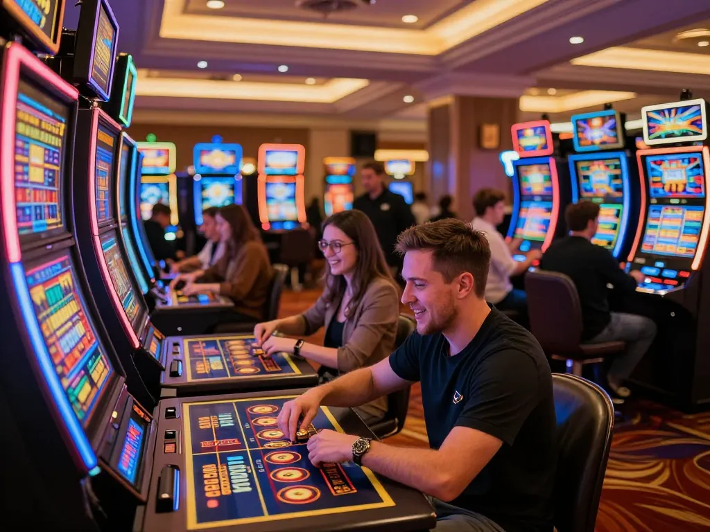 CO88 players enjoying vibrant slot machines on a luxurious casino floor.