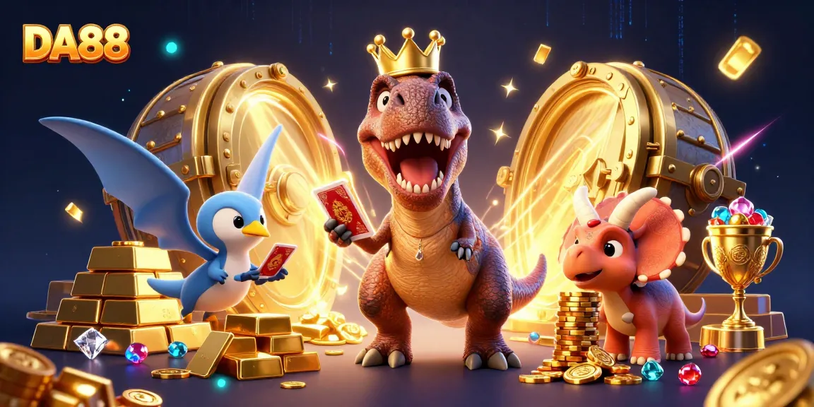 Experience DA88's thrilling gaming adventure with dinosaurs, golden treasures, and a vibrant casino scene.