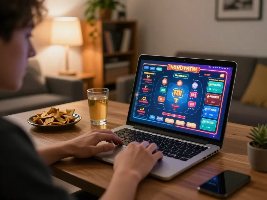 Player enjoying nohu-themed casino game on laptop in a cozy home setup with colorful graphics and snacks