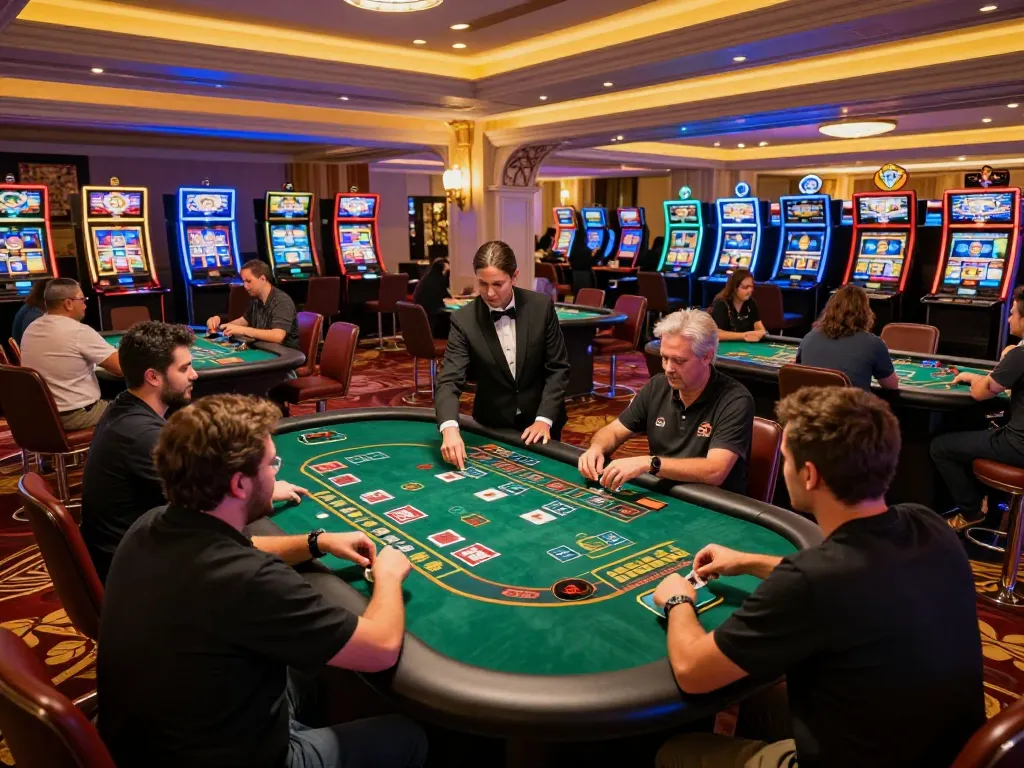 vin88a players placing bets at blackjack tables in a vibrant casino, showcasing strategic gaming moments
