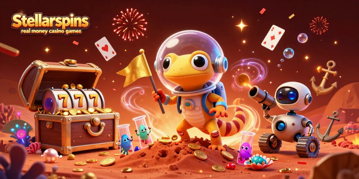 Engage with stellarspins real money casino games, featuring a Martian gecko at a golden casino on Mars.