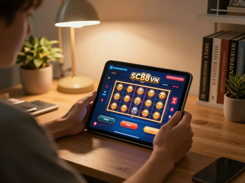 Engaging online casino gameplay at SC88 VN, featuring a tablet displaying vibrant slot graphics and a cozy home environment.