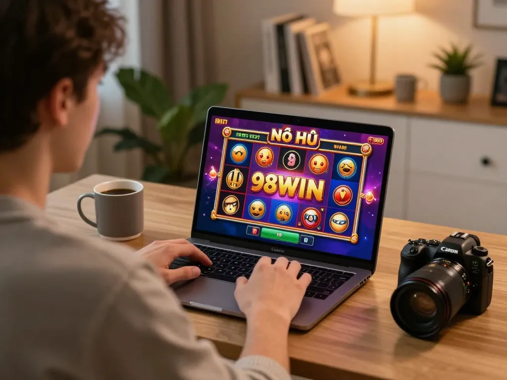 Nổ Hũ 98WIN gameplay in action on a laptop, showcasing an engaging online gambling experience.