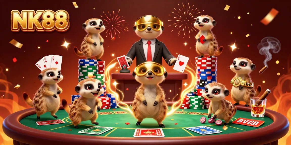 Engage with NK88 in this lively casino scene featuring meerkats managing games of chance.