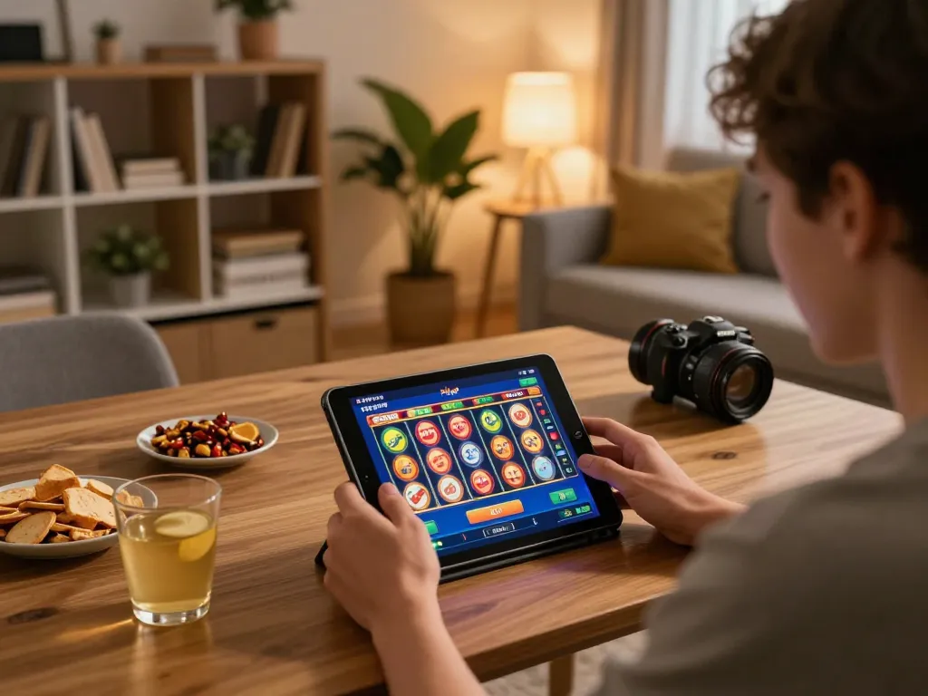 Play PHPVIP slot game on a tablet in a cozy home environment, fostering an engaging gaming experience.