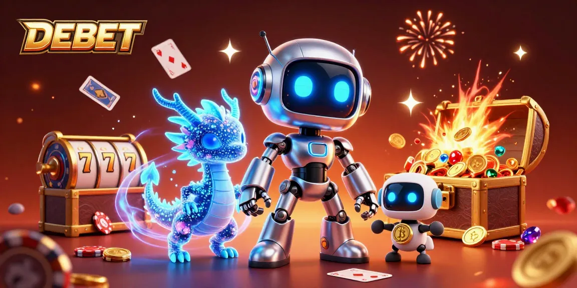 Engage in thrilling casino excitement with DEBET's vibrant 3D illustration featuring action-packed gameplay elements.