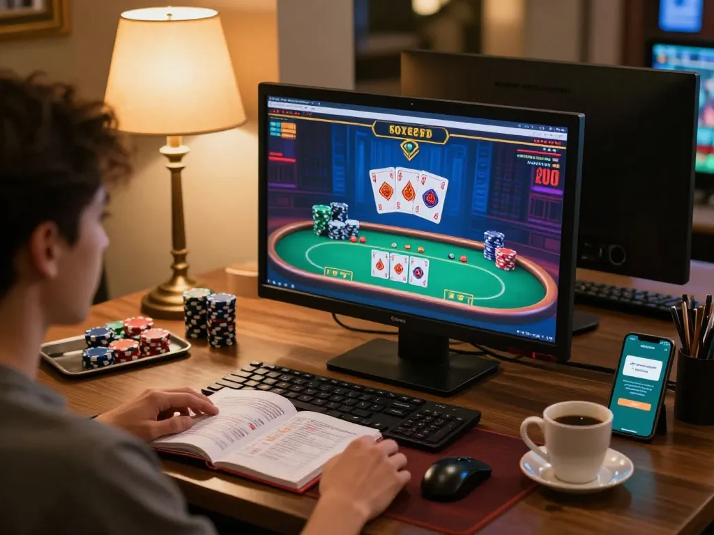 VA88 player enjoying live poker session on a cozy desk setup