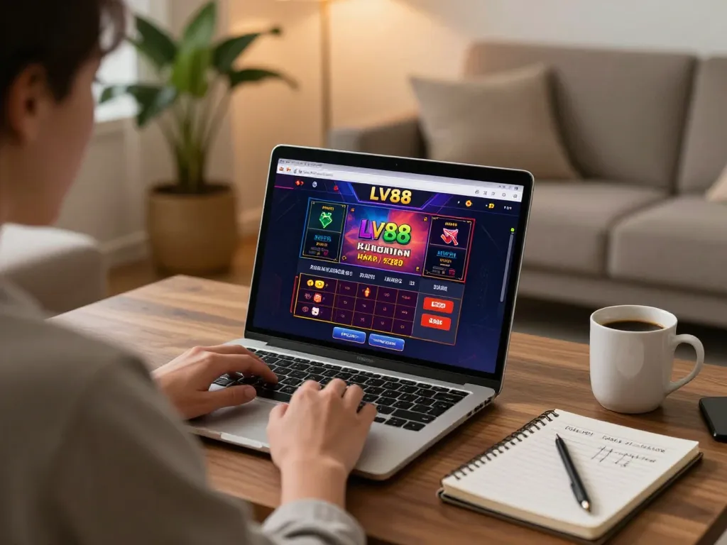 Engaging with LV88 online casino on a laptop in a cozy living room setting.