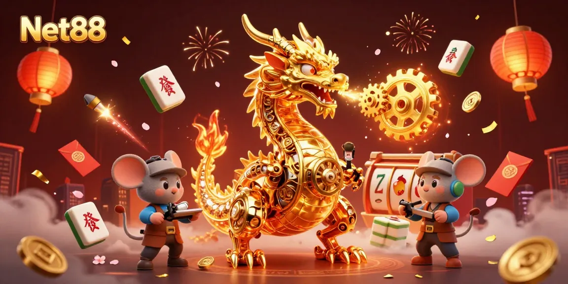 Experience the excitement of Net88 with our vibrant casino-themed illustration featuring a golden dragon.