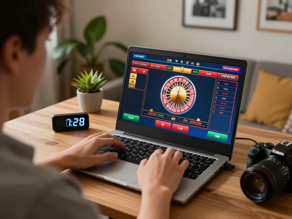 CM88 player engaged in online roulette betting session at home, showcasing warm atmosphere and gaming strategy.