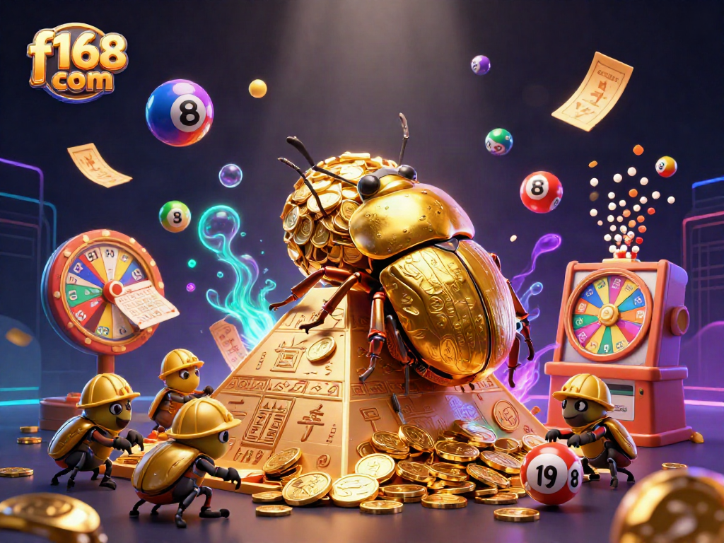 Experience vibrant fun at f168 com with a golden beetle rolling coins and lively gaming elements.