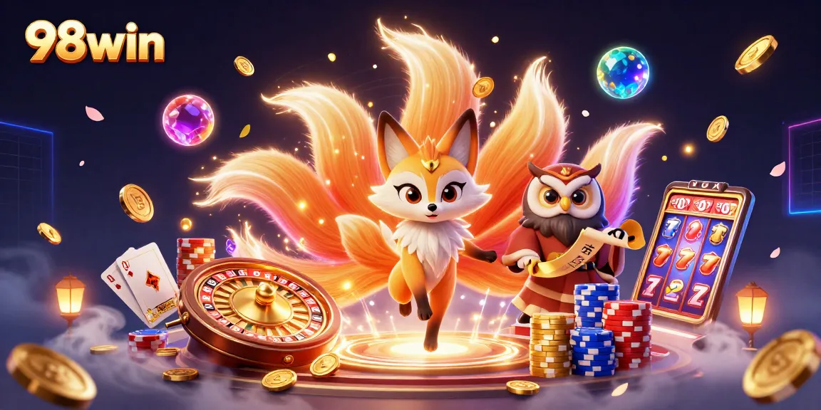 Spin and win with 98win: Vibrant 3D casino scene showcasing magical characters surrounded by colorful game symbols and treasures.