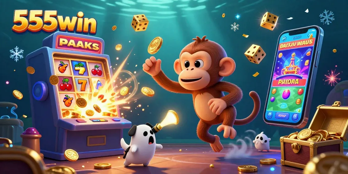 Experience thrilling jackpots with 555win's vibrant casino illustration bursting with fun symbols.