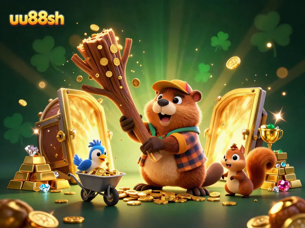 Experience the thrill of uu88sh casino with cartoon beaver celebrating jackpot wins!