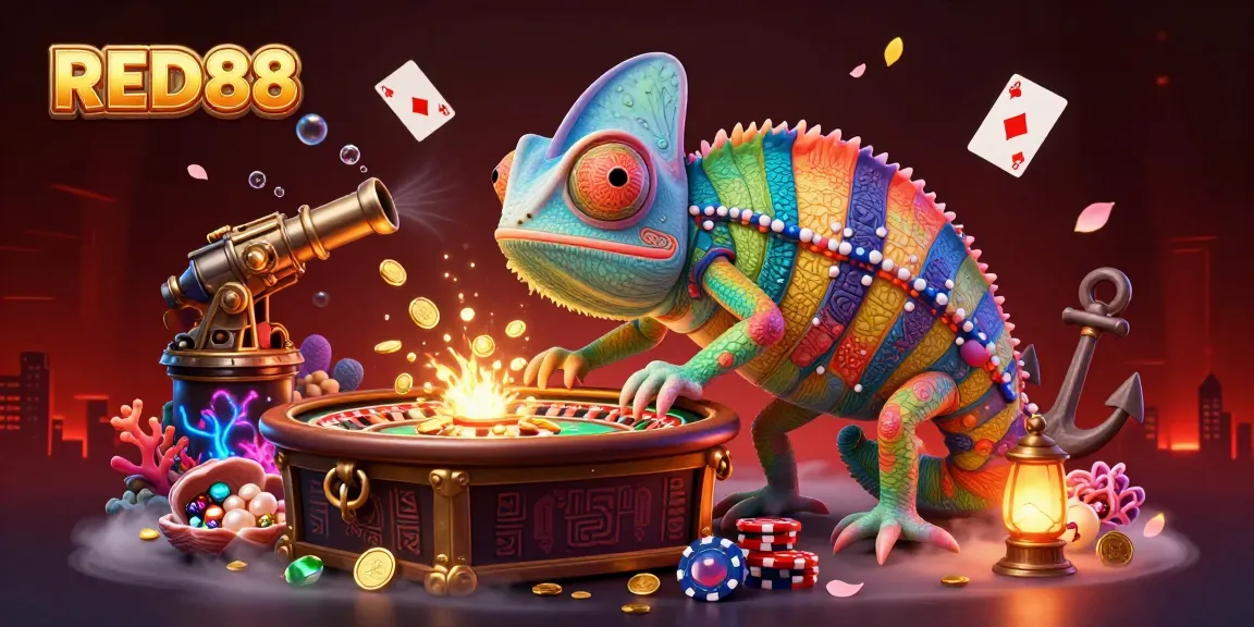 Engage with exciting gameplay at RED88 with a vibrant 3D casino scene featuring a chameleon owner.