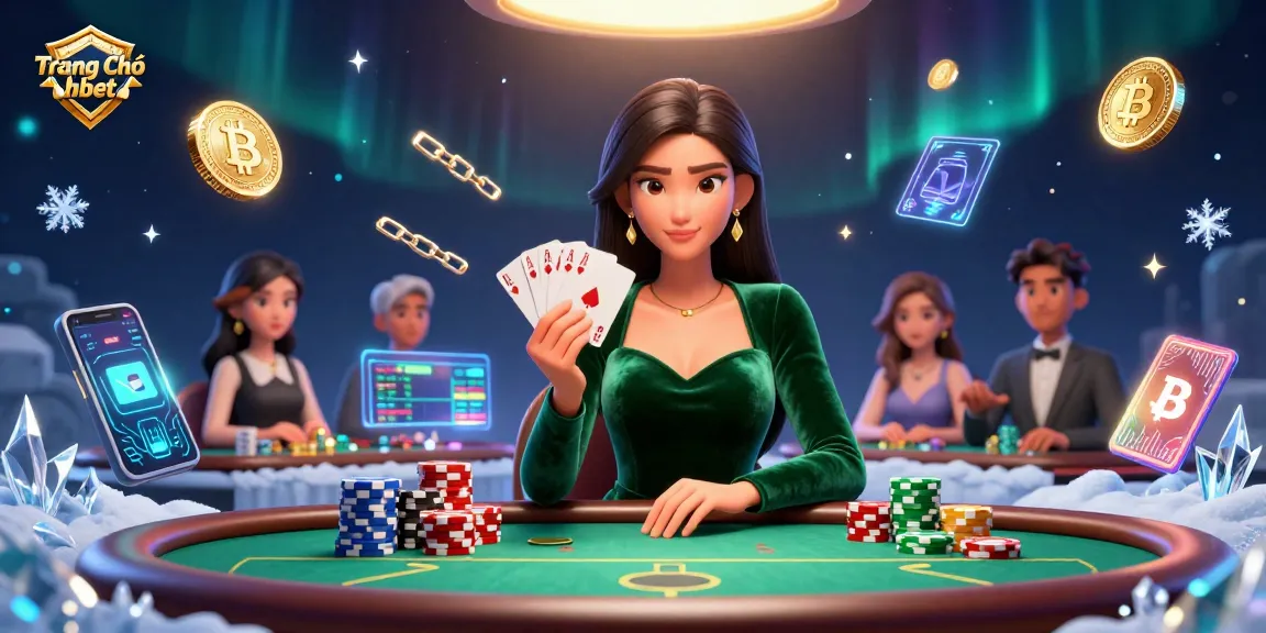 Engage in thrilling gameplay at Trang Chủ hbet with a beautiful Asian woman at a luxury poker table surrounded by vibrant casino elements.