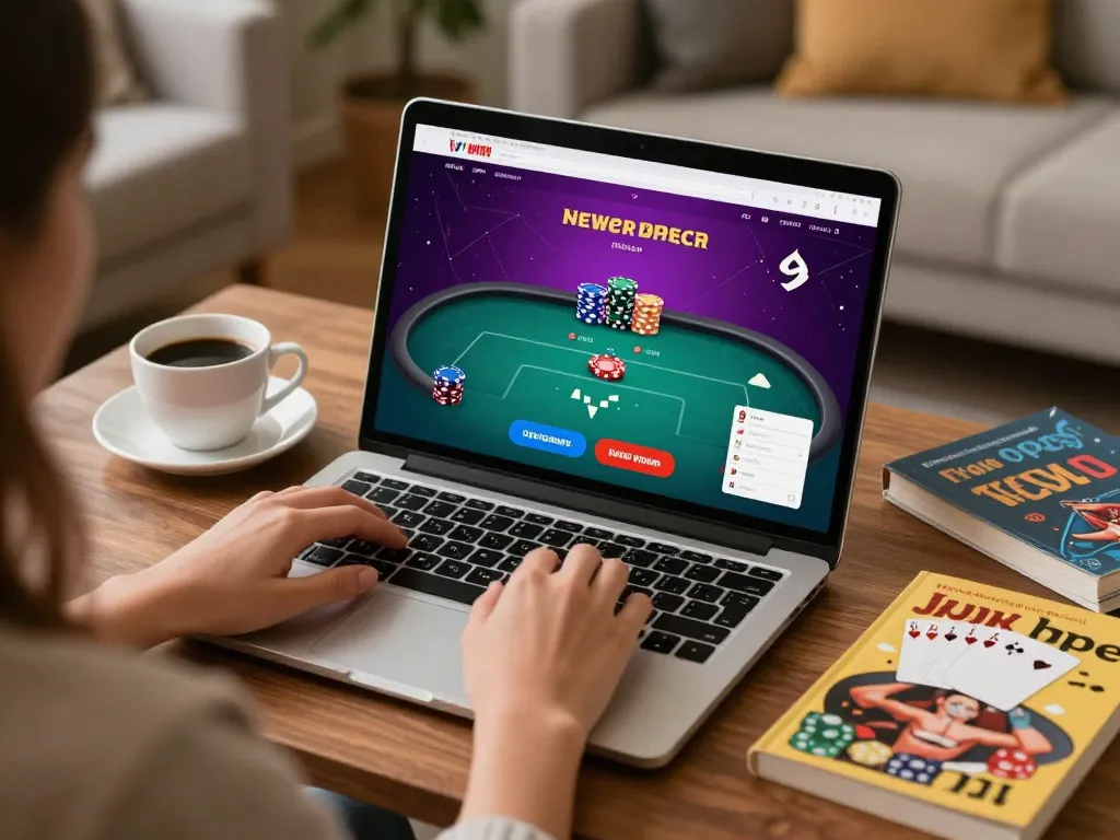 Dabet player engaging with online poker game on laptop, showcasing strategic thinking and comfortable gaming.
