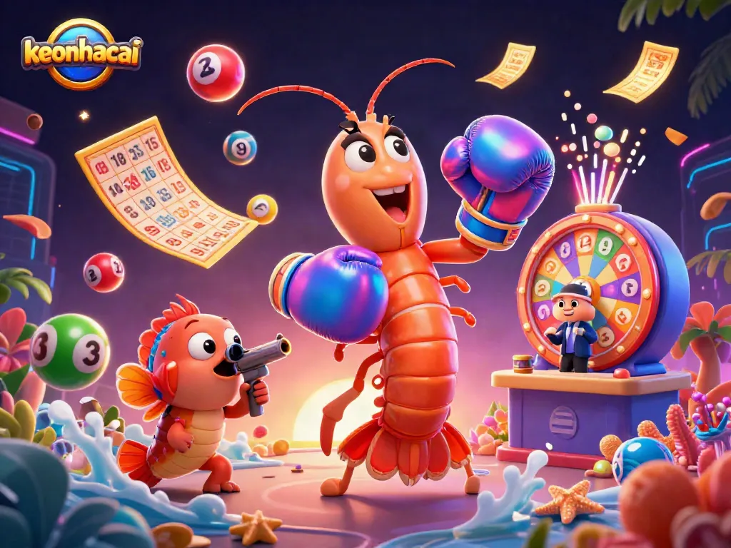 Engage in keonhacai gaming with colorful lottery balls, vibrant prize wheels, and dynamic action.