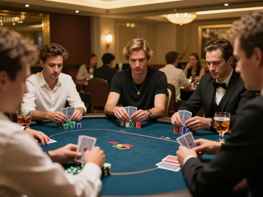 Engaged players strategizing during a poker game at MAN88's upscale casino event.