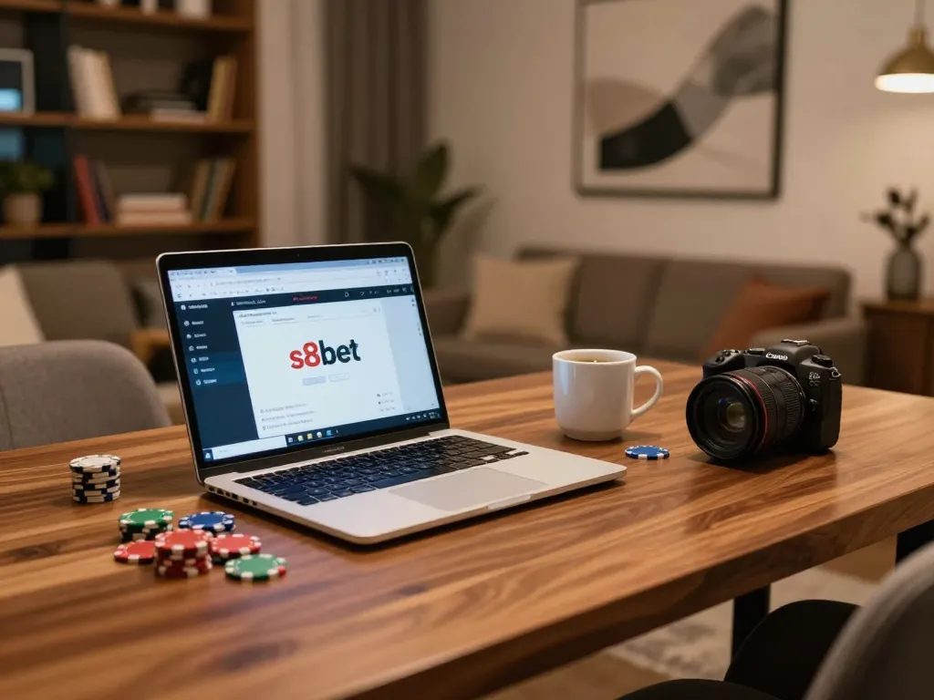 S8bet online gaming experience with laptop showing casino interface and poker chips