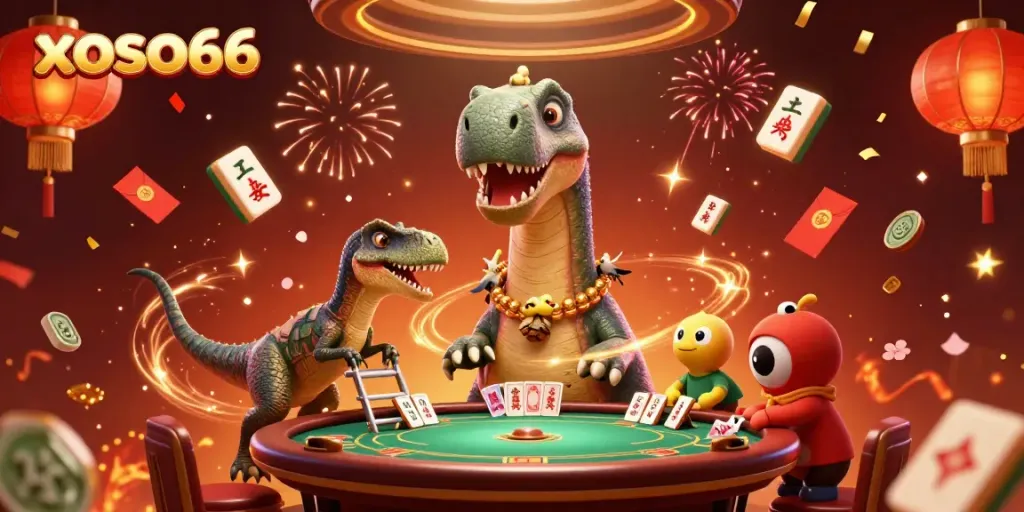 xoso66 delights players with a vibrant 3D illustration of a dinosaur-themed casino scene.