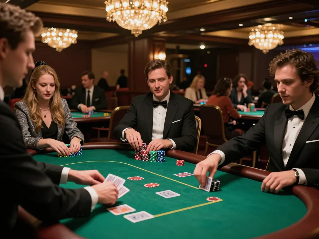 hd88 players enjoying poker action at a vibrant casino table under warm ambient lighting