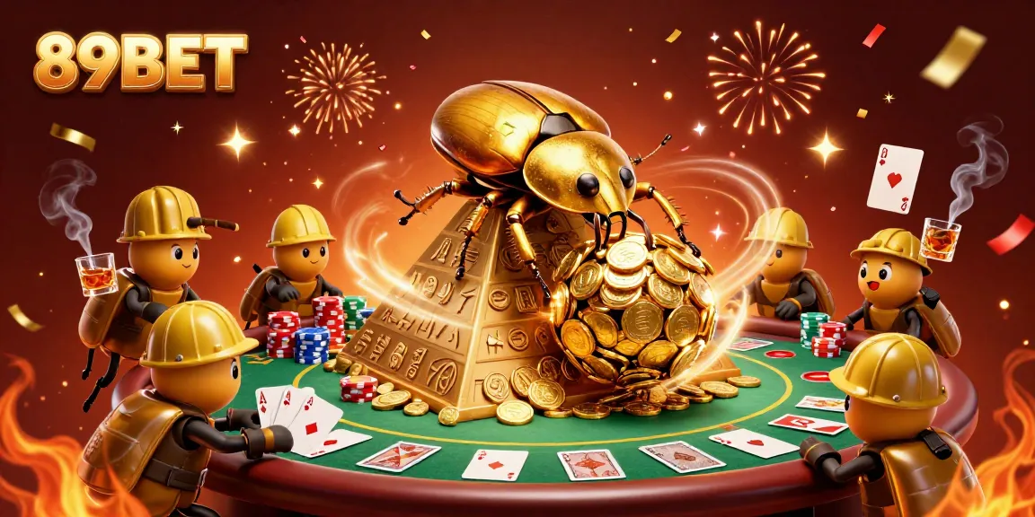 Engage with 89BET's exciting casino world, featuring a dynamic 3D scene of golden characters and poker elements.