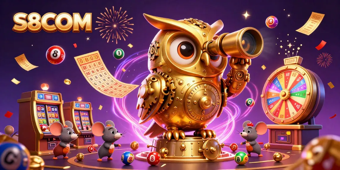 Experience the thrill of S8COM as the whimsical clockwork owl surveys a colorful casino floor.