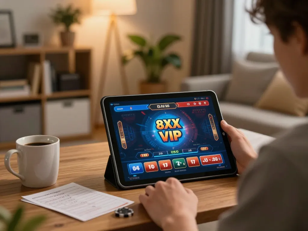 Experience 8XX VIP online gaming moment with engaging tablet gameplay in a cozy home setting.
