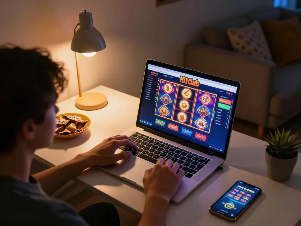 Hitclub player enjoying an online casino game on laptop in cozy home setting.