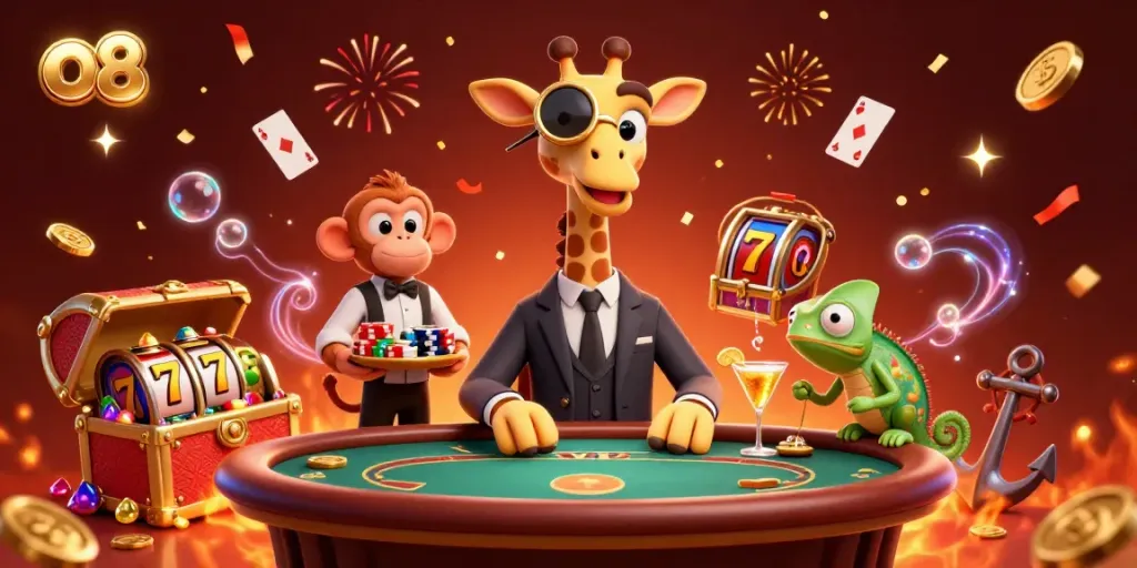 Experience thrilling action at o8 with high-roller giraffe, monkey valet, and chameleon bartender at a poker table.