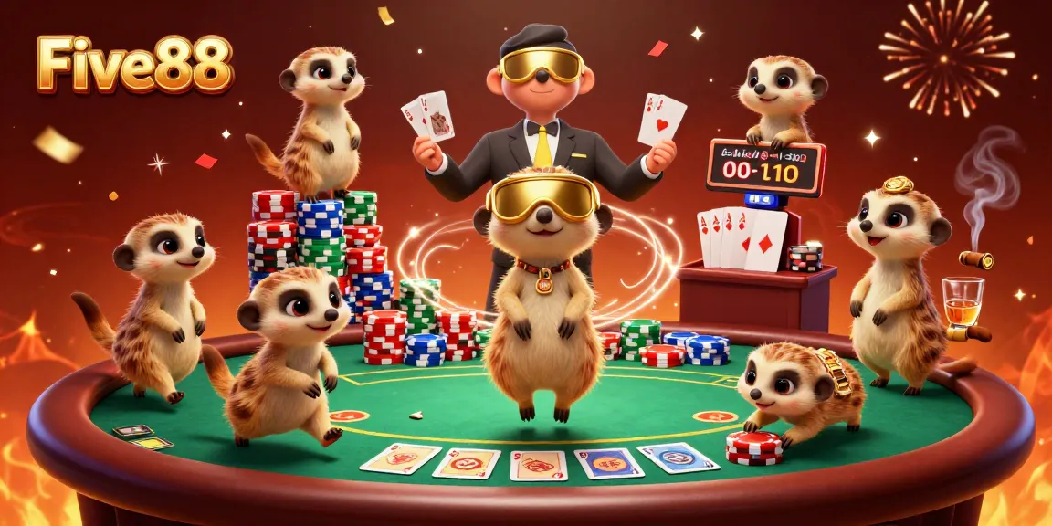 Experience excitement at Five88 with meerkats running a colorful casino operation in this vibrant illustration.