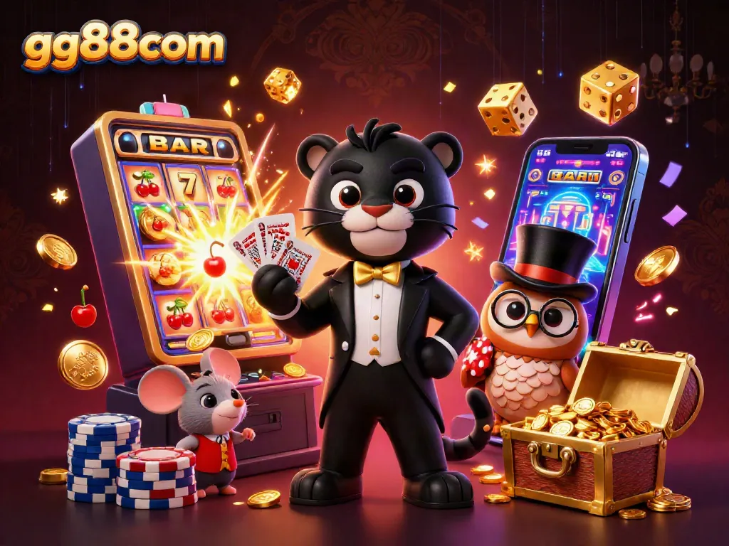 Engage with gg88com through a vibrant casino scene featuring a panther dealer, lucky owl, and energetic game elements.