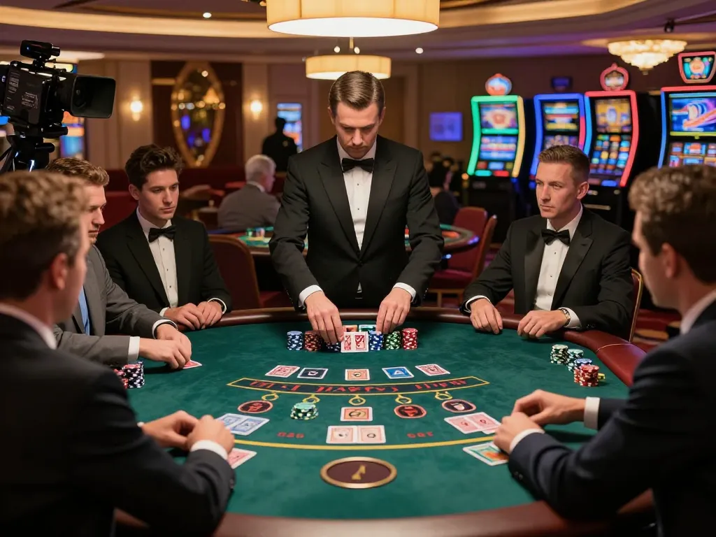 Watch players strategizing at blackjack tables on https://hitclub.sarl/ in a luxurious casino setting.