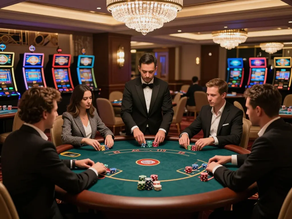 Engaged players at a VIP poker table in an upscale casino showcasing strategic gameplay at https://casino555win.com/.
