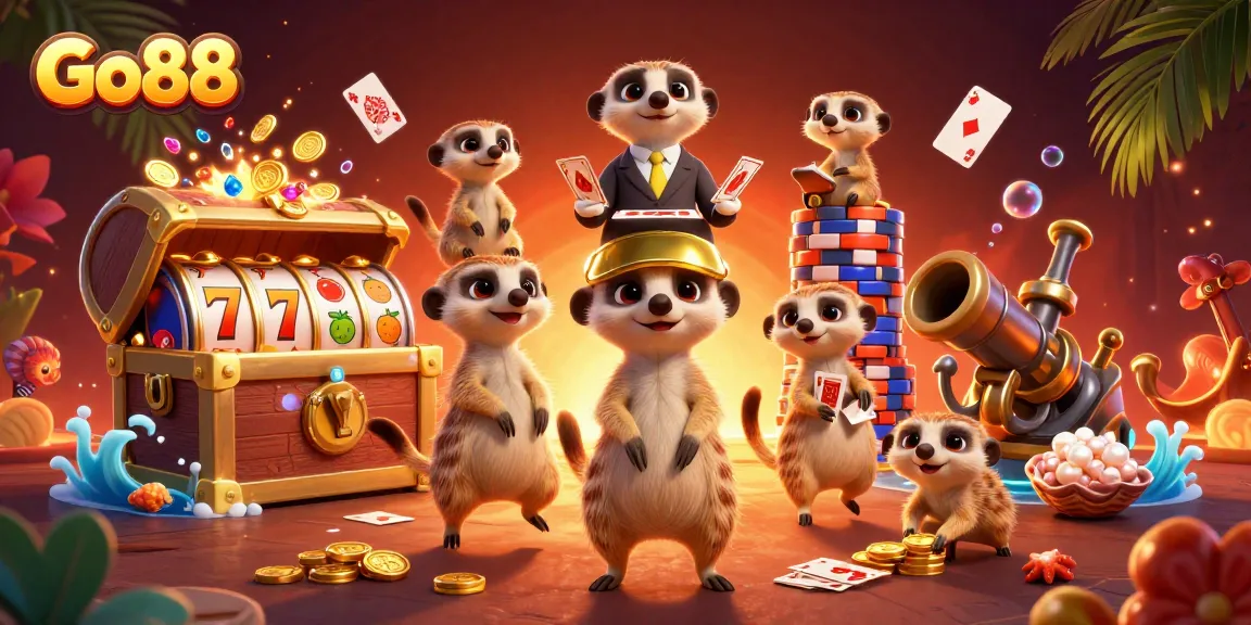 Experience the excitement of Go88 with meerkats operating a vibrant casino scene filled with dynamic game elements.