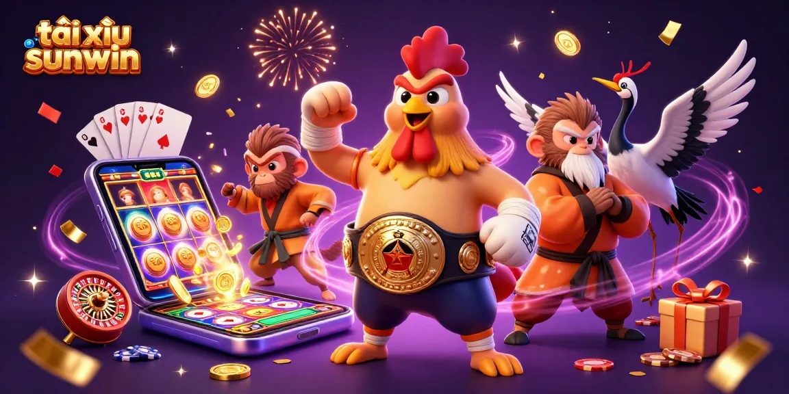 Play exciting tài xỉu sunwin with vibrant characters amidst dynamic gaming elements and festive atmosphere.