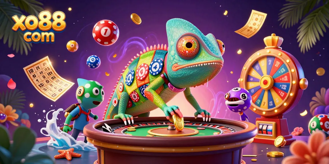 Engage with the vibrant world of xo88 com, featuring an extraordinary chameleon casino owner amidst dynamic lottery balls and golden tickets.