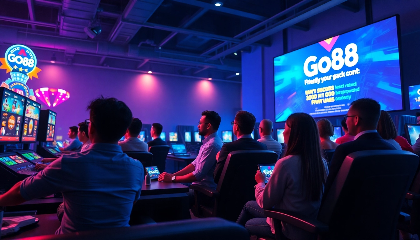 Exciting gaming scene featuring players enjoying https://go88c1.com/ with vibrant colors and modern tech.
